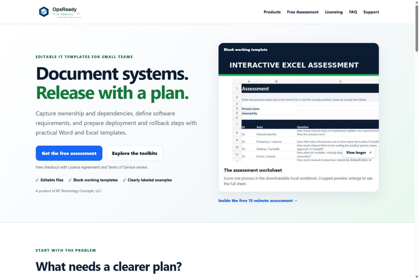 OpsReady IT Toolkit desktop homepage with product navigation and a worksheet preview