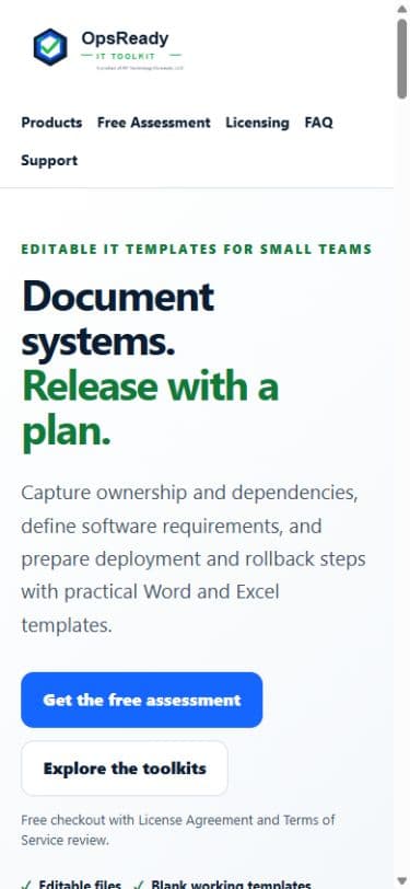 OpsReady IT Toolkit mobile homepage with its responsive navigation and introductory content